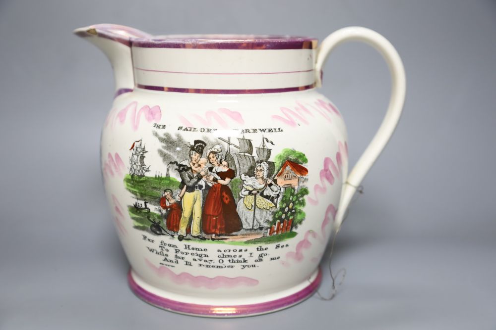 Three Sunderland pink lustre Pearlware jugs and a Sunderland Bridge creamware mug, tallest 19cm